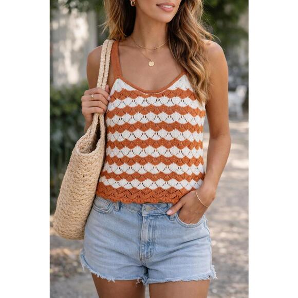 fab'rik Tops - Crochet Knit Tank Top Women’s Large Rust Cream Striped Boho Summer Sweater Tank